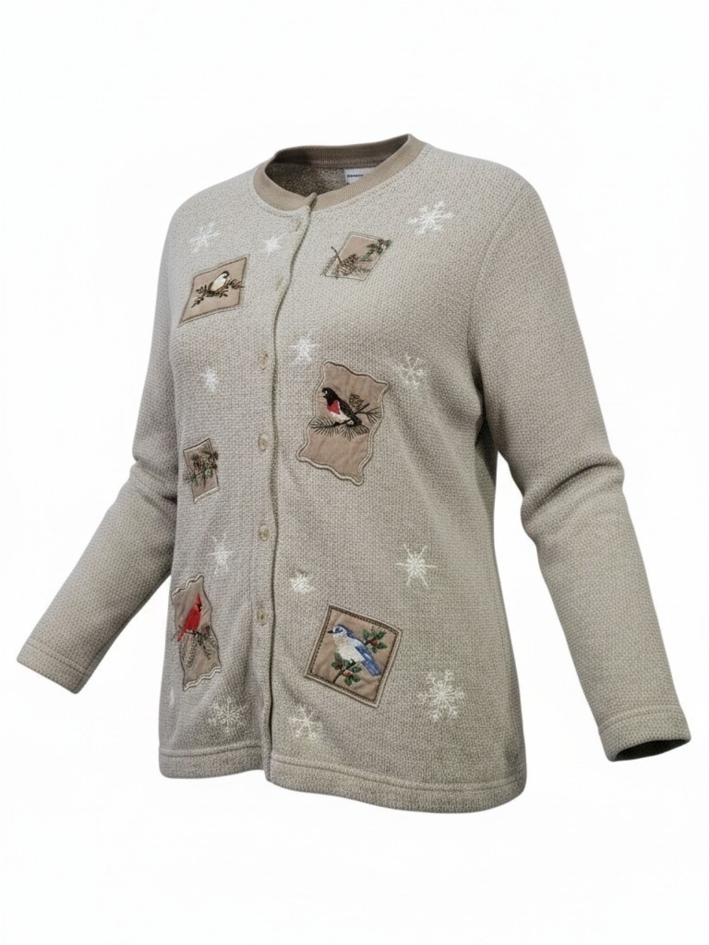 BonWorth Taupe Button-Up Bird Patch Cardigan